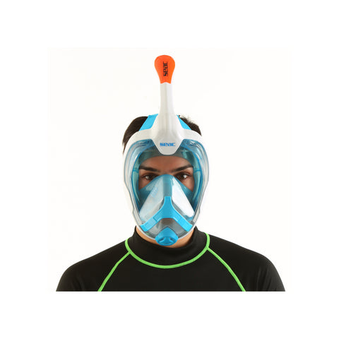 Front view of a person with the White Blue SEAC Magica Full Face Snorkel Mask 