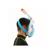 Side view of a person with the White Blue SEAC Magica Full Face Snorkel Mask 