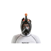 Front view of a person with the Black Orange SEAC Unica Full Face Snorkel Mask 